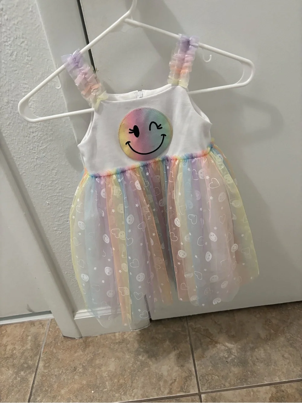 Girls White Rainbow Smiley Tulle Dress - Pastel Multicolor